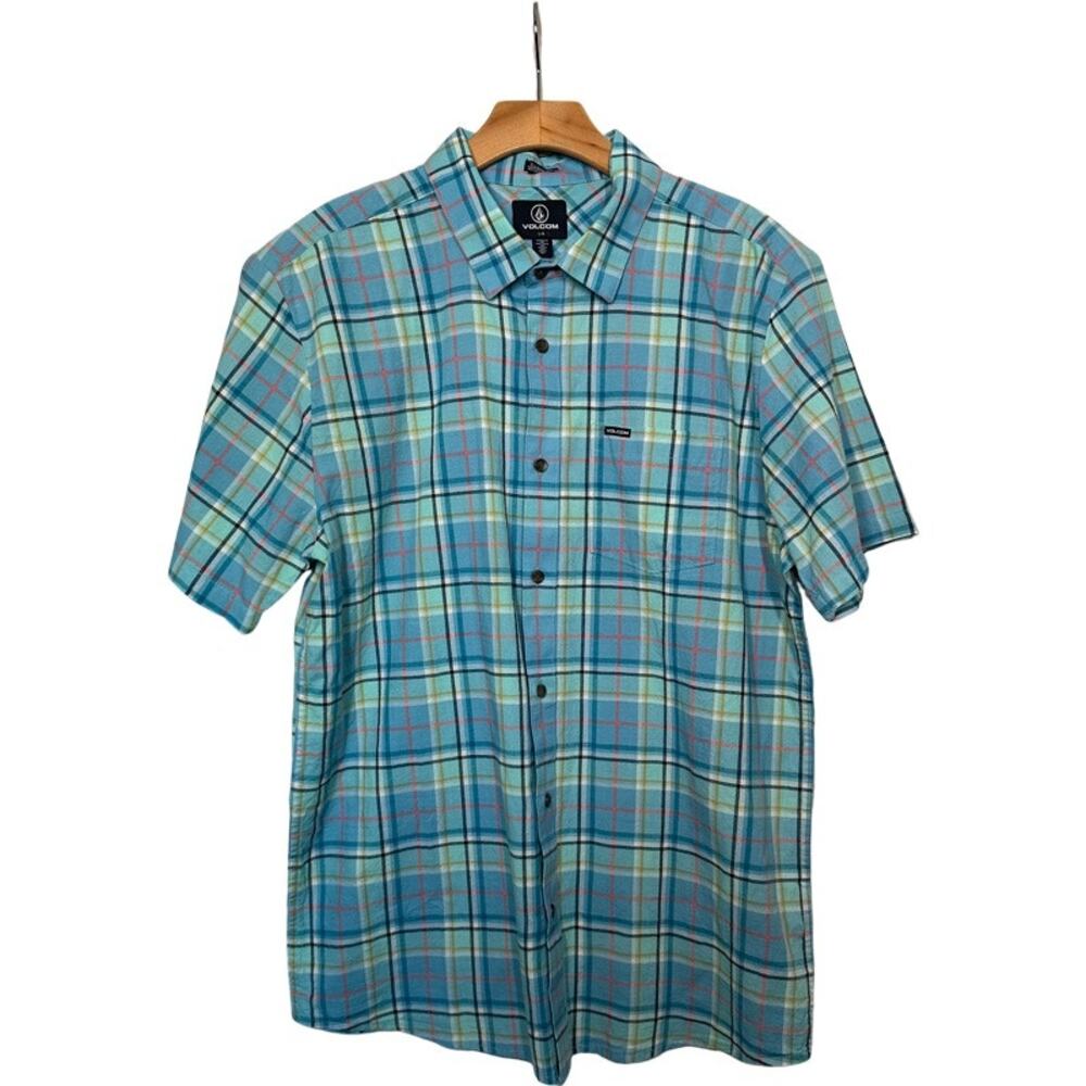 Volcom Blue Plaid Short Sleeve Button-Down Shirt Size LARGE